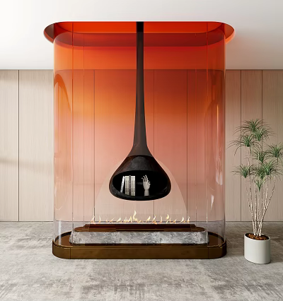 Modern Transparent Screen In Living Room With Fireplace And Potted Plant 3d model