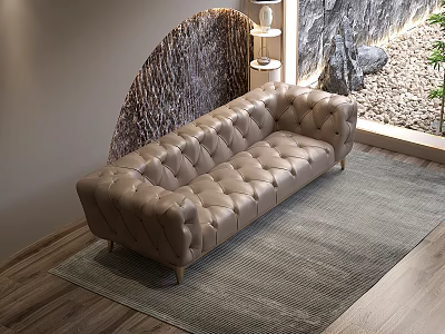 Beige Tufted Multi-seat Sofa by Window with Arched Wall Stone Plant and Gray Rug 3d model