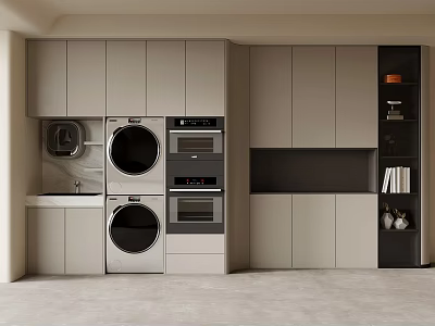 Modern Laundry Room With Gray Cabinets Washing Machine Dryer And Storage Shelves 3d model