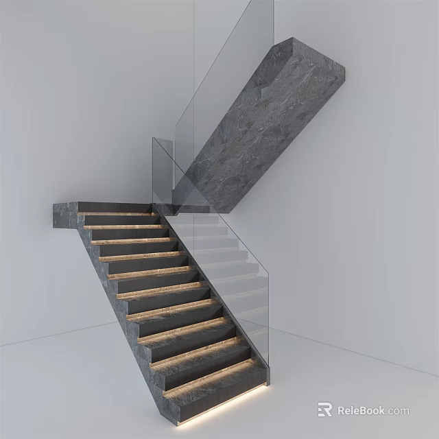 Modern Gray Concrete Staircase With Glass Railing And Wooden Steps Interior Design 3d model 