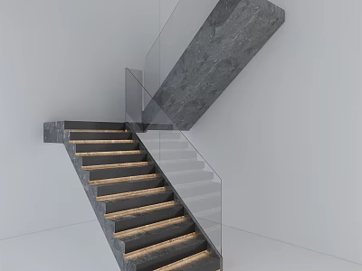 Modern Gray Concrete Staircase With Glass Railing And Wooden Steps Interior Design 3d model