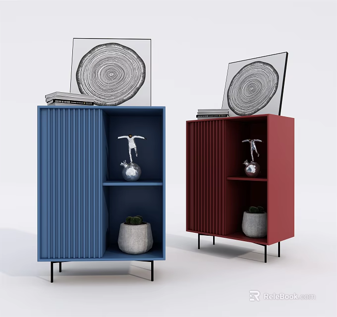 Entryway Side Cabinets Blue Red Ribbed Design With Decorative Paintings Bird Figurine And Potted Plant 3d model 