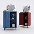 Entryway Side Cabinets Blue Red Ribbed Design With Decorative Paintings Bird Figurine And Potted Plant