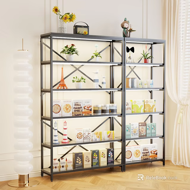 Black Metal Multi Layer Shelf With Food Boxes Green Plants And Decorations 3d model 