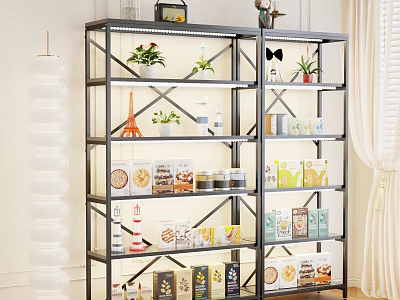 Black Metal Multi Layer Shelf With Food Boxes Green Plants And Decorations 3d model