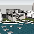 Modern Building Exterior View With Water Pool Flying Birds And Green Trees