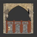 Traditional Stone Brick Archway With Wooden Gates Metal Grid And Decorative Details