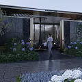 Modern Garden Landscape Featuring Black Stone Walls Bonsai Tree Wooden Pergola And Grass Lighting