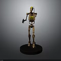 Brown Lego Style Robot Figure With Yellow Headlight Holding Blaster on Black Base Mechanical Design