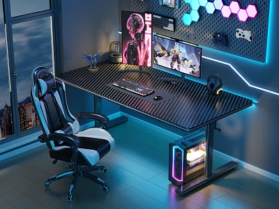 Modern Gaming Desk Setup With Dual Monitors Neon Hexagon Lights And Ergonomic Chair 3d model