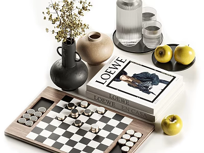 Decorative Ornament Collection With Chessboard Pieces Books Vases Dried Flowers And Apples 3d model