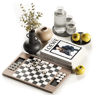 Decorative Ornament Collection With Chessboard Pieces Books Vases Dried Flowers And Apples 3d model