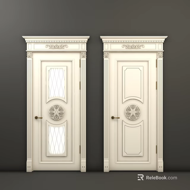 White Classical Swing Doors With Carved Frames Glass Panel And Ornate Handles 3d model