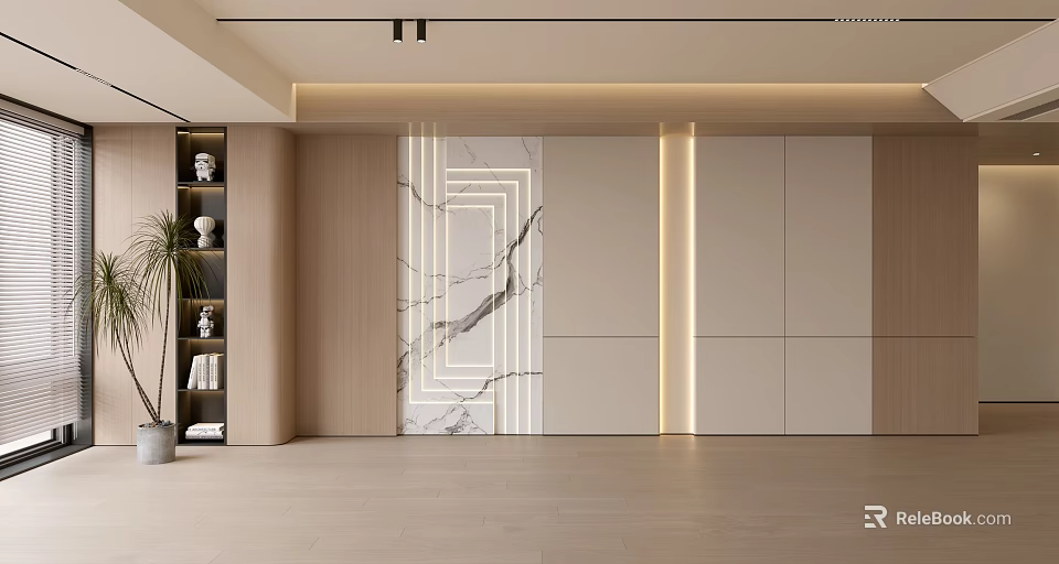Modern Interior Design Feature Wall With Marble Texture Geometric Lines Wooden Cabinets And Recessed Lighting 3d model 
