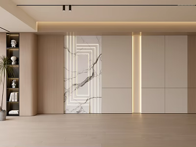 Modern Interior Design Feature Wall With Marble Texture Geometric Lines Wooden Cabinets And Recessed Lighting 3d model