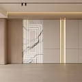 Modern Interior Design Feature Wall With Marble Texture Geometric Lines Wooden Cabinets And Recessed Lighting