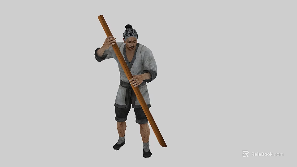 Man in Traditional Clothing Practicing Martial Arts With Long Staff 3d model 