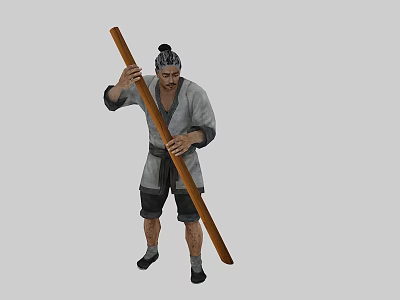Man in Traditional Clothing Practicing Martial Arts With Long Staff 3d model