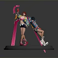 Two Female Characters In Colorful Outfits With Pink Skis Standing On Gray Round Base