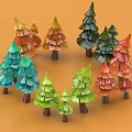 Colorful Layered Fan Shaped Trees With Brown Trunks In Irregular Circular Arrangement On Orange Background