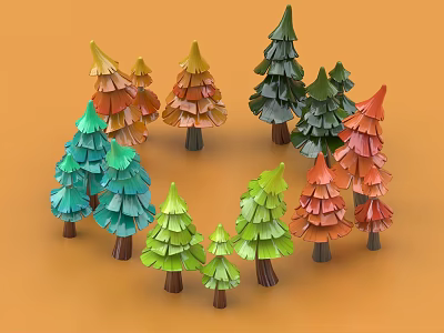Colorful Layered Fan Shaped Trees With Brown Trunks In Irregular Circular Arrangement On Orange Background 3d model