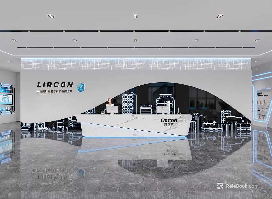 Modern LIRCON Reception Area With Polished Floor Lighting Design And Logo 3d model 