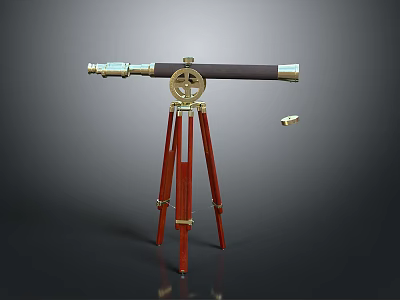 Vintage Brass Telescope Mounted On Red Wooden Tripod With Decorative Ring 3d model
