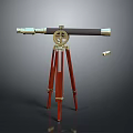 Vintage Brass Telescope Mounted On Red Wooden Tripod With Decorative Ring