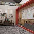Cultural Museum Interior Featuring Exhibition Boards Display Cabinets And Traditional Artifacts On Stone Tile Floor