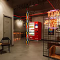 Modern Coffee Shop Interior With Neon But First Coffee Sign Red Brick Wall And Tables