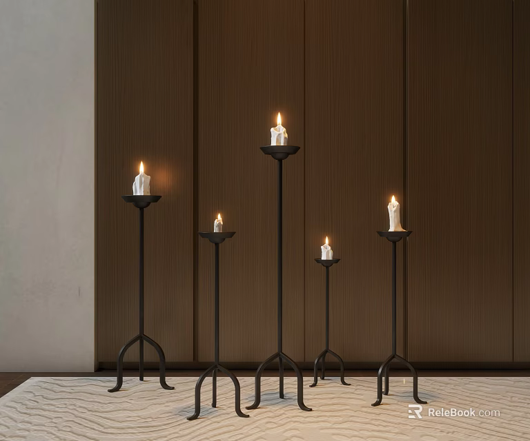 Multiple Black Metal Candle Lamps In Different Heights With Dark Wooden Wall And Light Carpet 3d model 