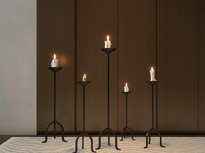 Multiple Black Metal Candle Lamps In Different Heights With Dark Wooden Wall And Light Carpet 3d model