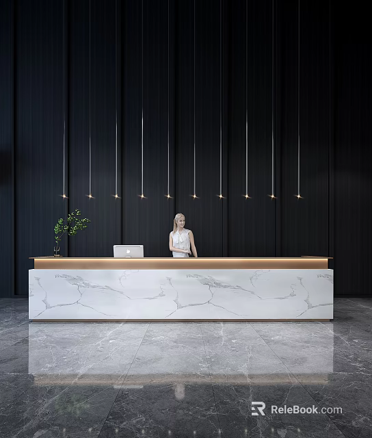Elegant Reception Desk With White Marble Counter Dark Wall Pendant Lights Green Plant And Staff 3d model 
