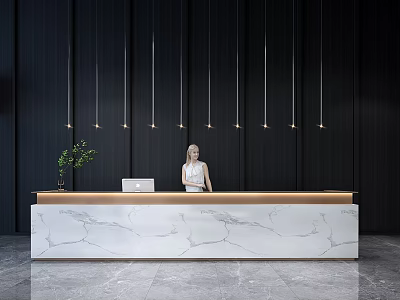 Elegant Reception Desk With White Marble Counter Dark Wall Pendant Lights Green Plant And Staff 3d model