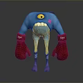 Blue Game Movie Character With Large Yellow Eyes Red Boxing Gloves And Pink Flower Pattern