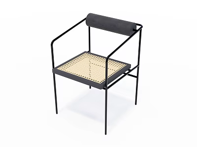 Minimalist Leisure Chair With Black Metal Frame And Natural Woven Seat 3d model