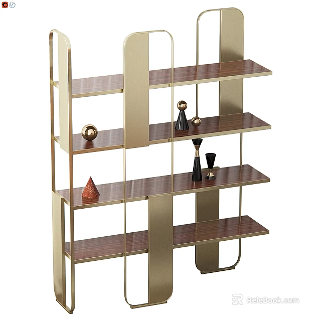 Modern Display Shelving Unit With Gold Metal Frame Wooden Shelves And Decorative Items 3d model 