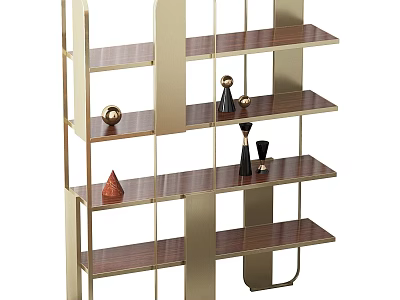 Modern Display Shelving Unit With Gold Metal Frame Wooden Shelves And Decorative Items 3d model