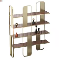 Modern Display Shelving Unit With Gold Metal Frame Wooden Shelves And Decorative Items