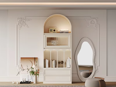 White Arched Top Bookshelf With Layered Design Books Decor And Oval Mirror In Modern Room 3d model