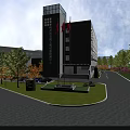 Modern White Office Building With Flags Landscaped Garden And Circular Driveway
