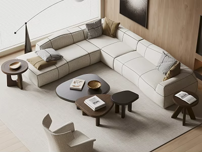 Modern Sofa Coffee Table Combination With Light Colored Cushions And Round Side Tables 3d model