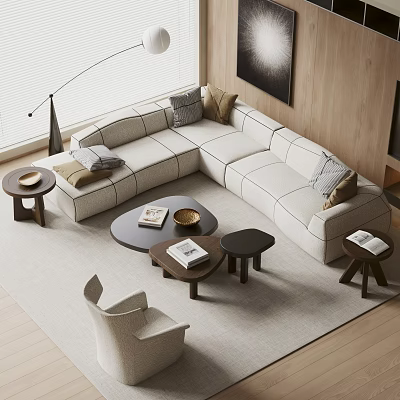 Modern Sofa Coffee Table Combination With Light Colored Cushions And Round Side Tables 3d model