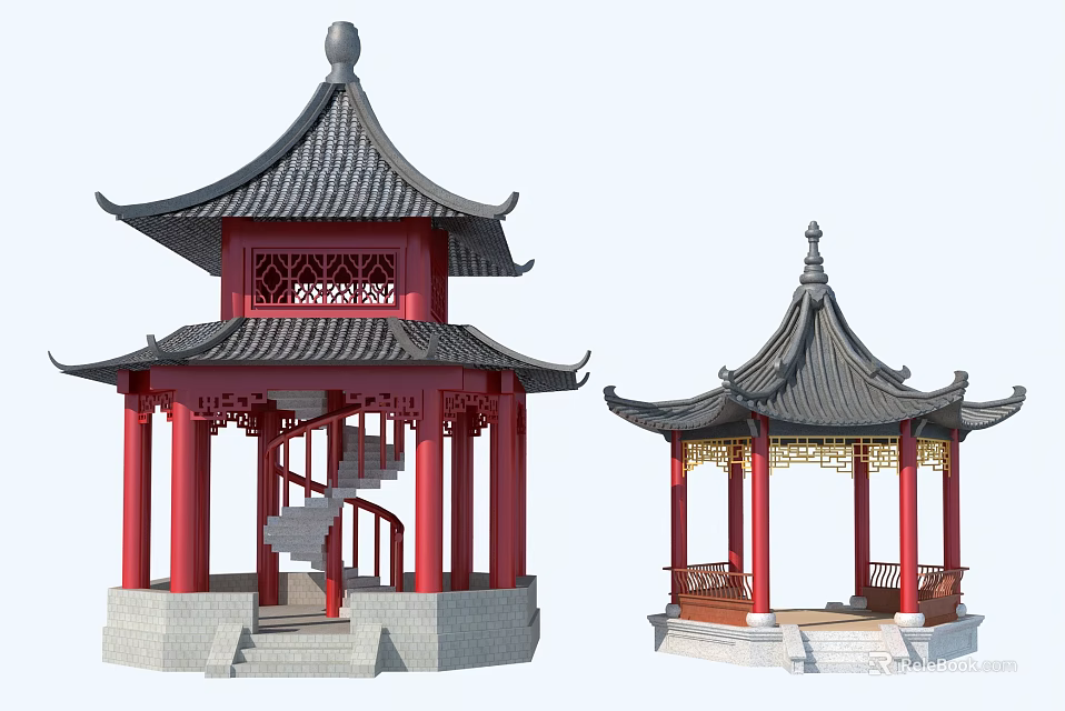 Traditional Chinese Pavilions With Red Pillars Black Tiles And Carved Details 3d model 