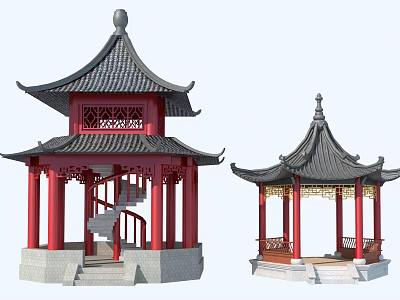 Traditional Chinese Pavilions With Red Pillars Black Tiles And Carved Details 3d model