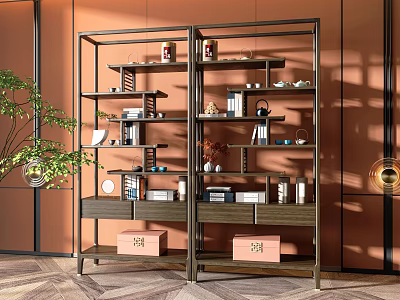 Curio Cabinet With Metal Frame Wooden Shelves Books Decorative Jars Orange Wall And Green Plant 3d model