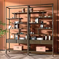 Curio Cabinet With Metal Frame Wooden Shelves Books Decorative Jars Orange Wall And Green Plant