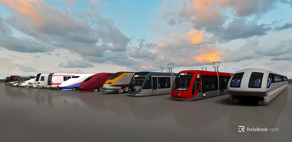 Colorful High Speed Trains Parked On Ground Under Cloudy Sunset Sky 3d model 
