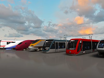 Colorful High Speed Trains Parked On Ground Under Cloudy Sunset Sky 3d model