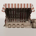 Wooden Market Stall With Red White Striped Awning And Barrels Crates